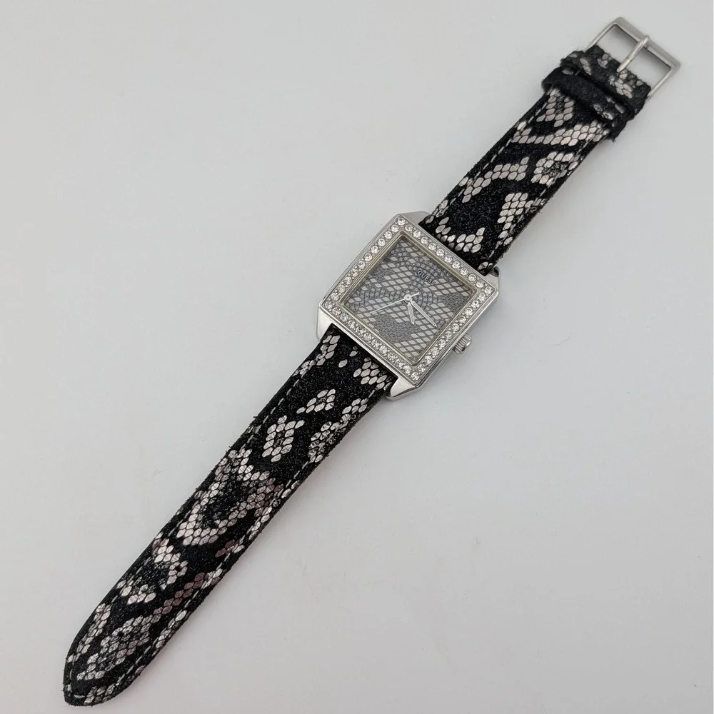 Guess W0050L1 Women's Square Crystal Bezel Snakeskin Dial Suede Strap Watch 34mm